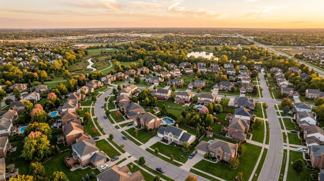 Aerial view of a Wayne County Michigan neighborhood at sunset