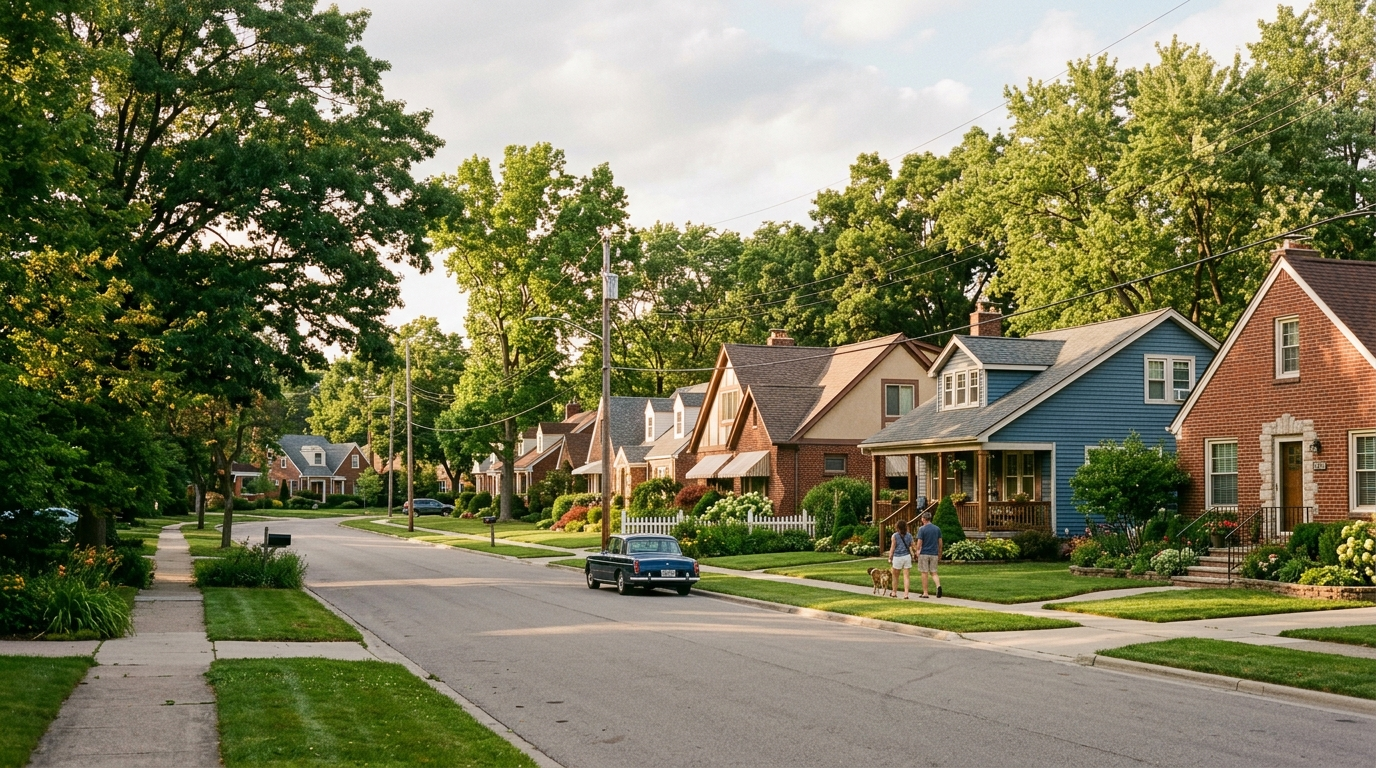 Tree-lined street in Allen Park, Downriver Michigan, evening light